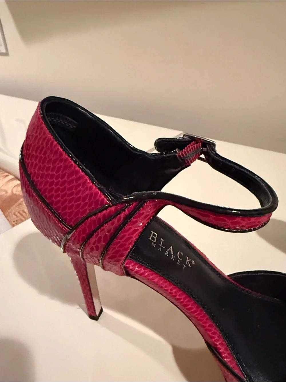 White House Black Market Fuchsia Snake-Embossed Ankle-Strap Peep-Toe Heels